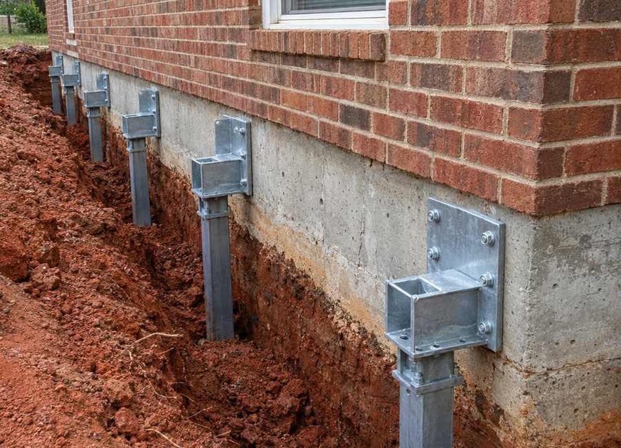 Helical piers stabilizing a settling foundation at an Asheville, NC home